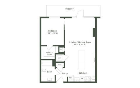 Floor plan for 1 bed, 1 bath, 729 sqft